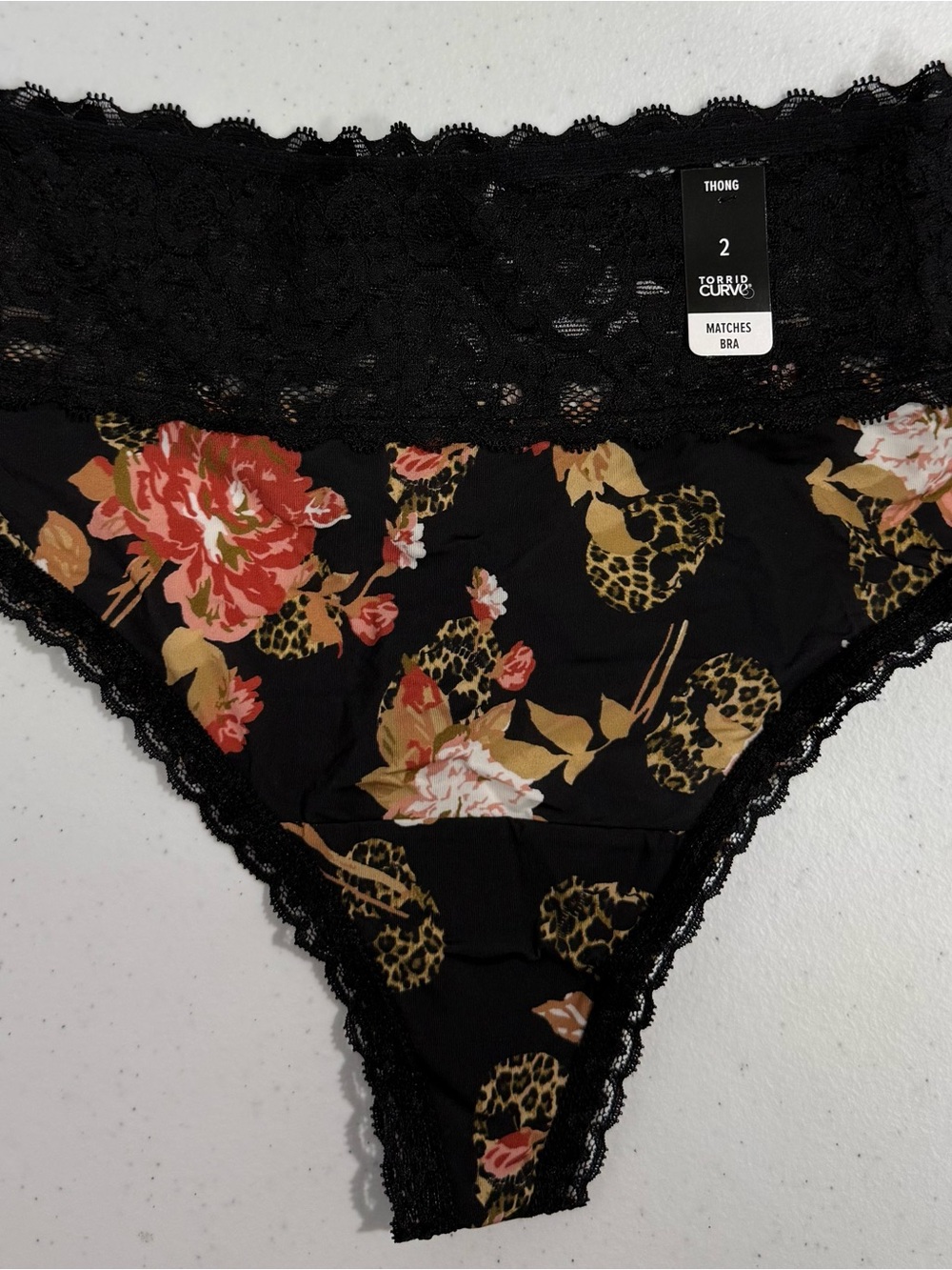 Torrid Curve Black Floral Lace Thong - Black/Floral